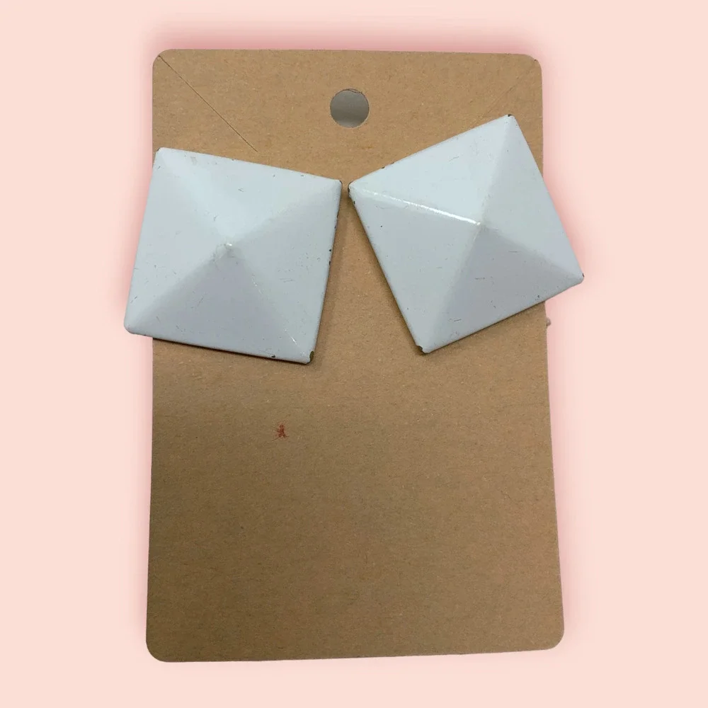 Vintage 1980s Earrings White Metal Pyramids Oversized Pierced Unsigned New Wave